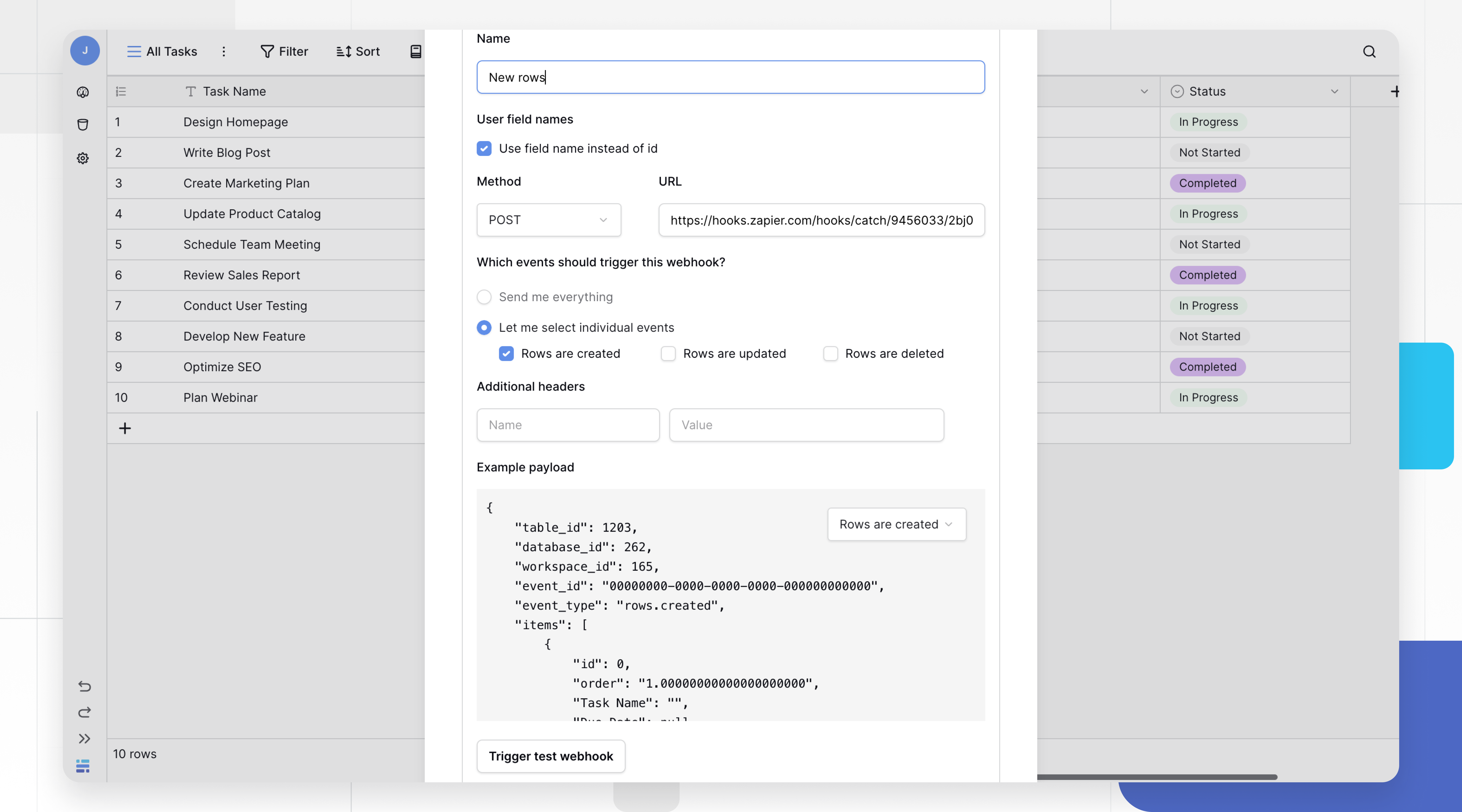 Configure webhook in Baserow